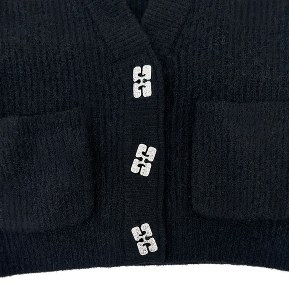 GANNI Black Crystal-Cut Diamond Button Wool Knit Loose Fit Cardigan Sweater Top - Picture 6 of 13
